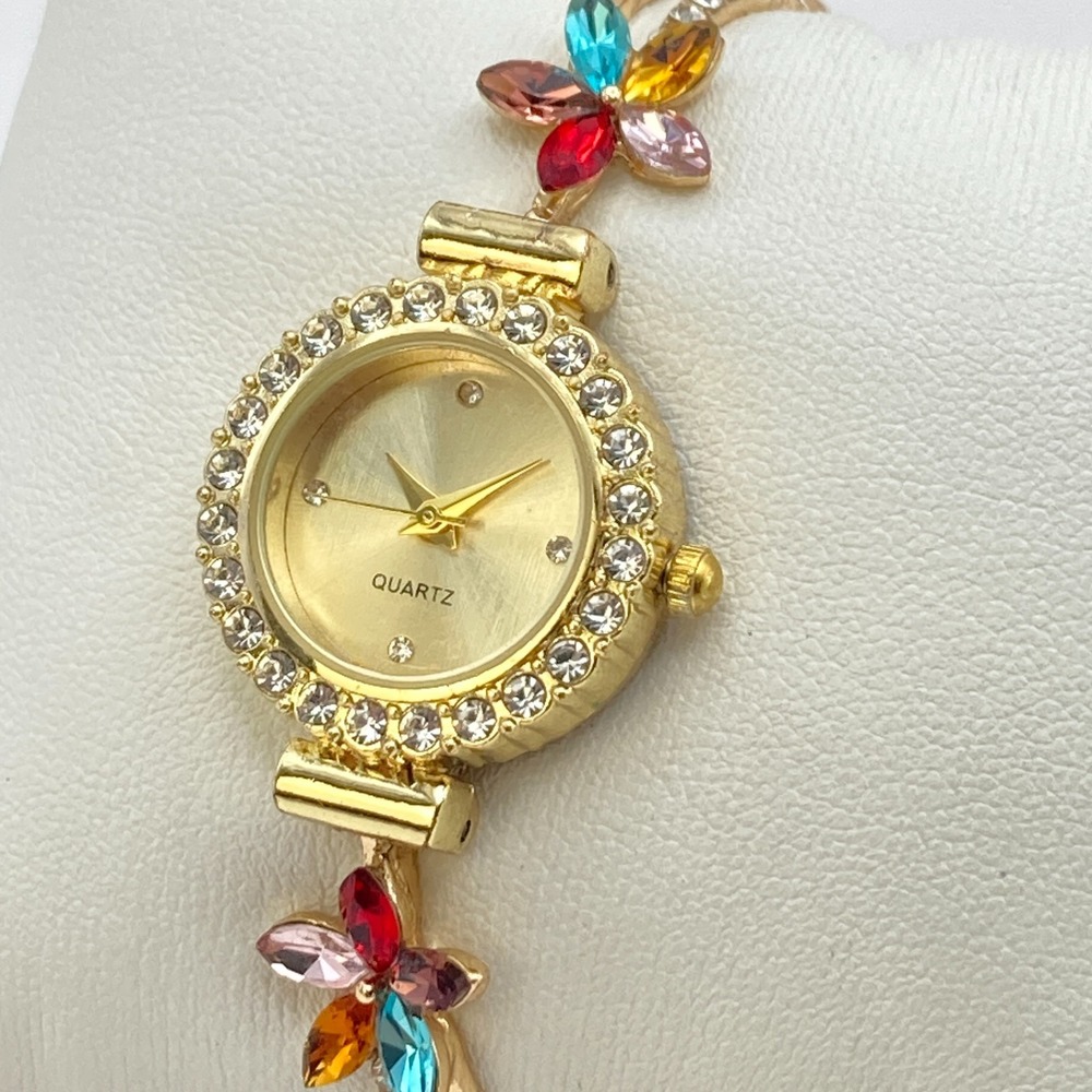 Womens Watch Gold Tone 23mm Rainbow Crystals Floral Adjustable Bling New Battery